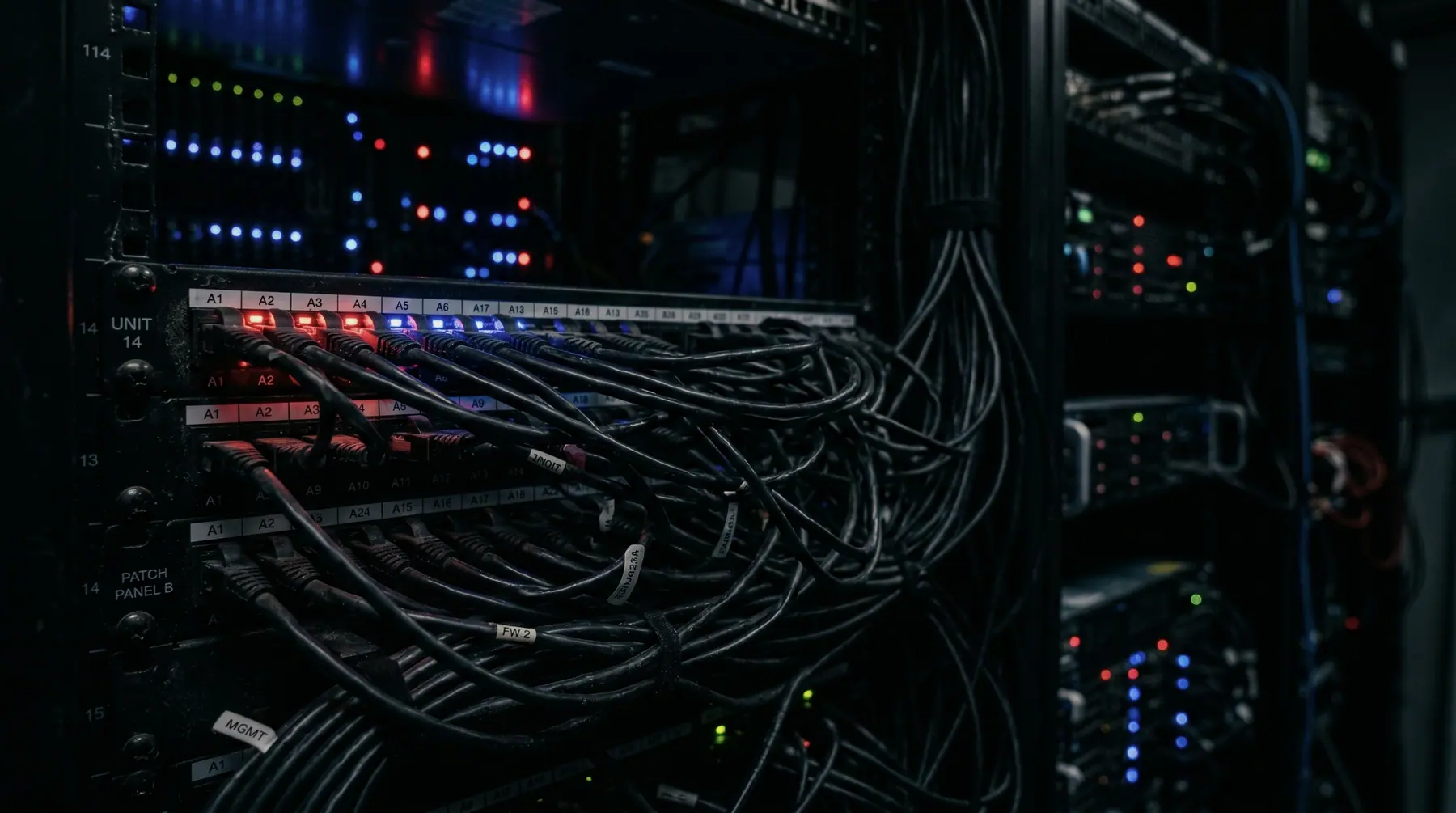 Serverschrank mit Patchkabeln und Status-LEDs im Rechenzentrum