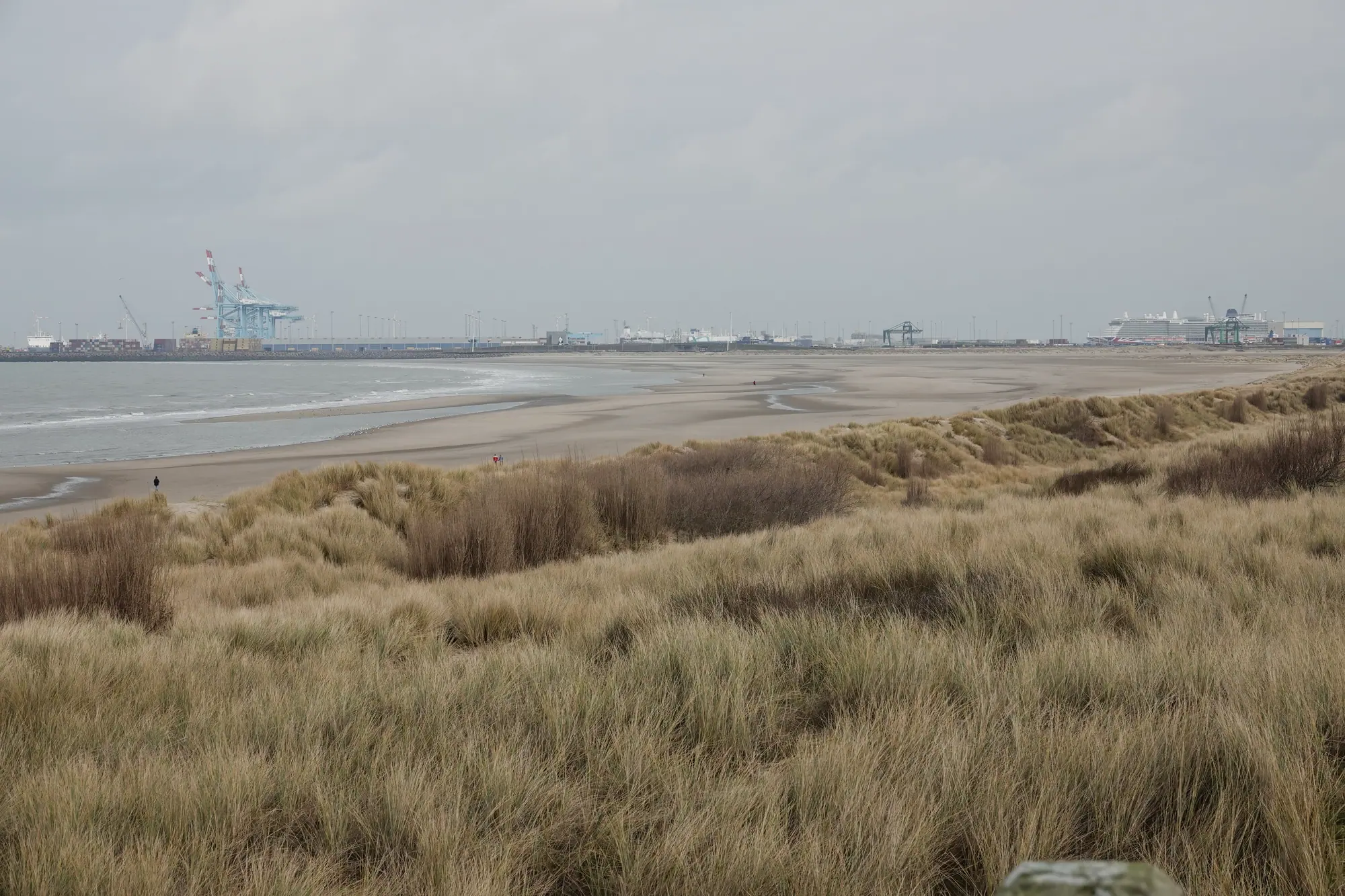 Dünen mit Blick auf Hafenanlagen an der Nordseeküste