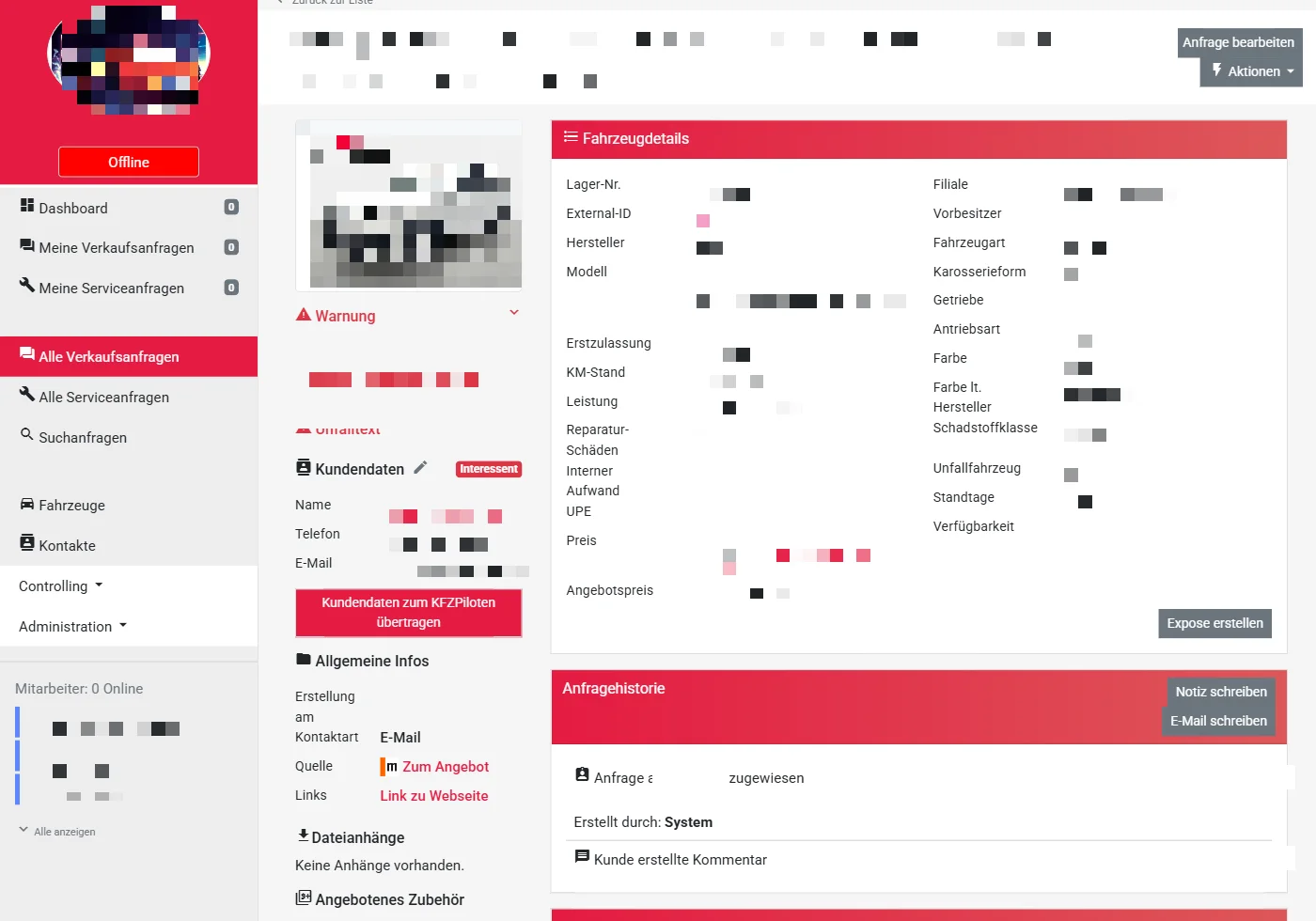 CCM2-Anfragedetail: Fahrzeugdaten, Kundenkontakt und Anfragehistorie an einem Ort — persönliche Angaben unkenntlich gemacht