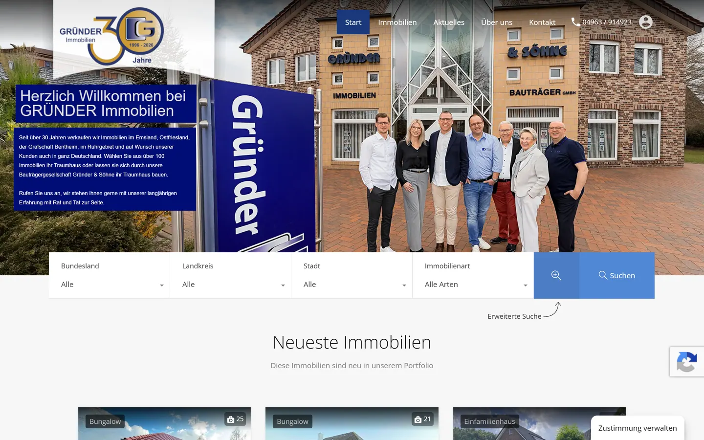 Screenshot der Website von Gründer Immobilien
