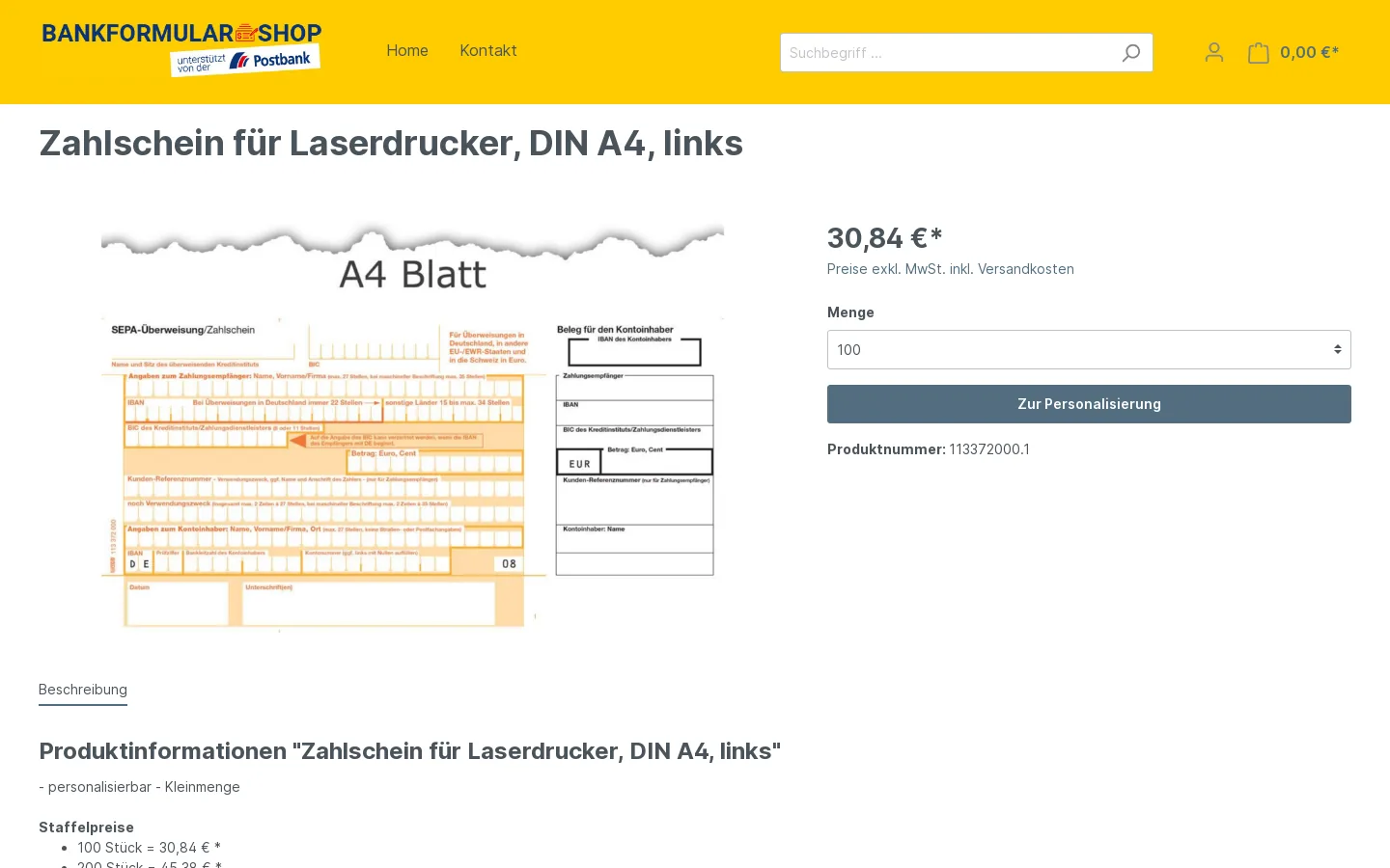 Produktseite mit Staffelpreisen auf bank-formular.de