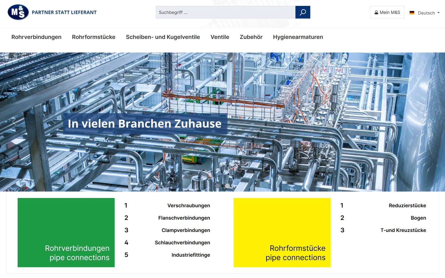 Screenshot der Website von M&S Armaturen