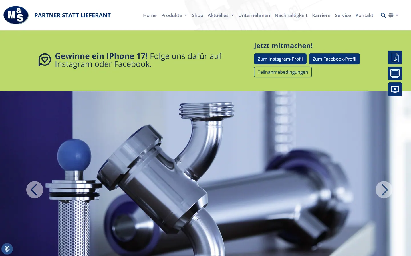 Screenshot der Website von M&S Armaturen